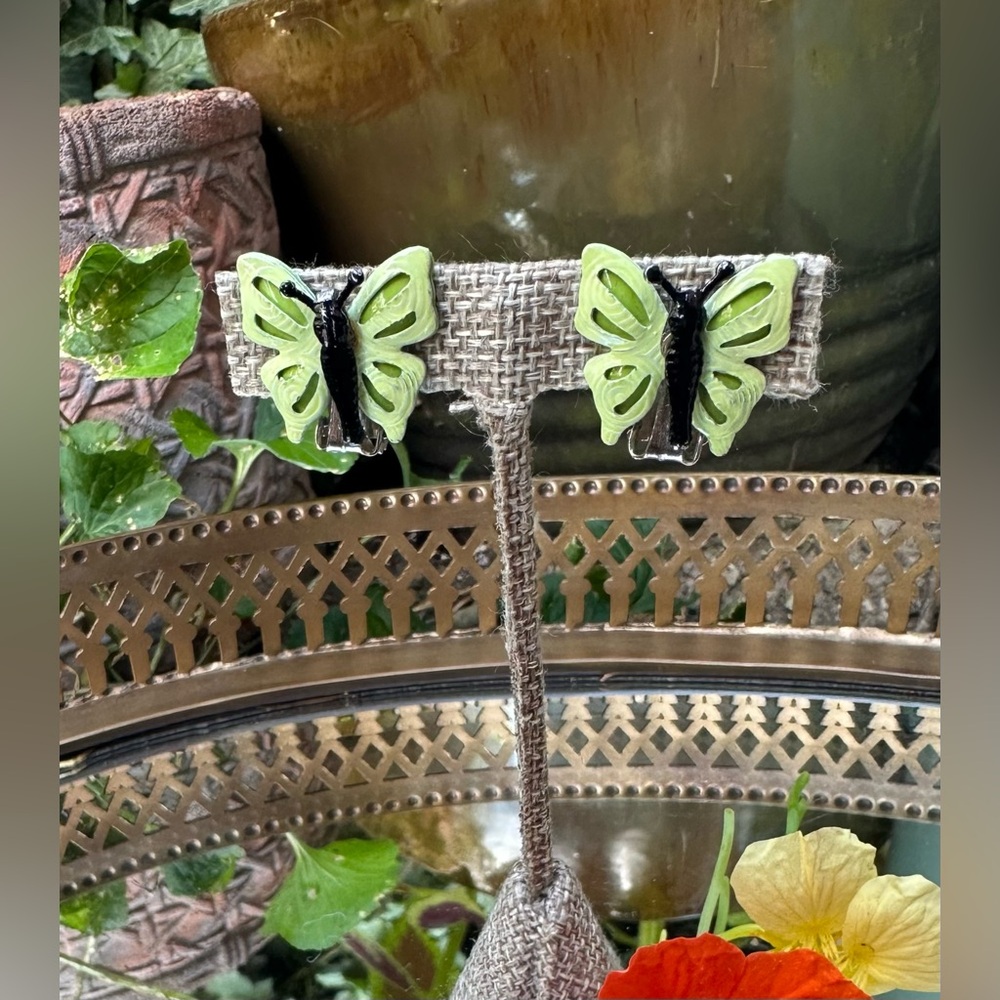1960's Garden Visitor Spring Green Enameled Butterfly Retro Earrings